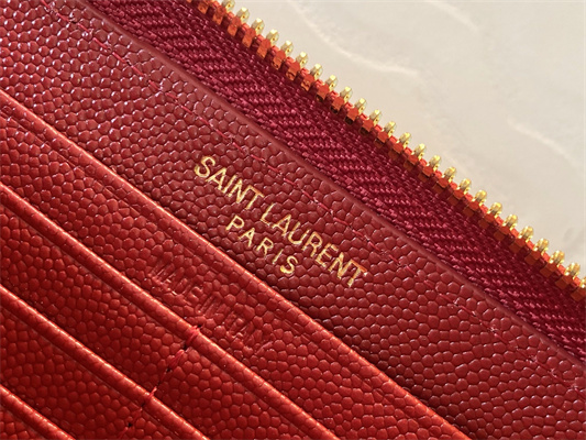 Y.S.L CASSANDRA MATELASS?? ZIP AROUND WALLET IN GRAIN DE POUDRE EMBOSSED LEATHER Red Color Gold Tone Metal