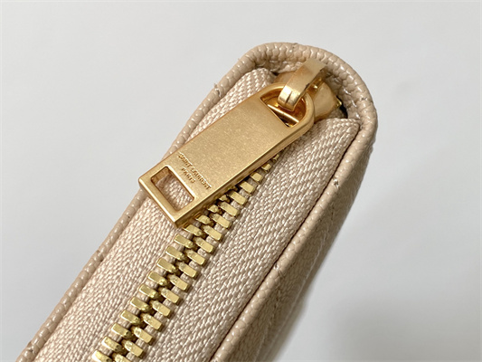 Y.S.L CASSANDRA MATELASS?? ZIP AROUND WALLET IN GRAIN DE POUDRE EMBOSSED LEATHER Beige Color Gold Tone Metal