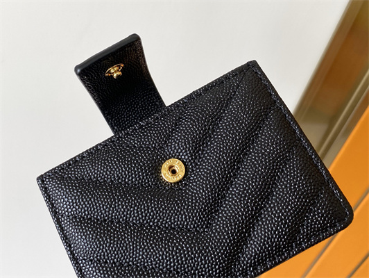 Y.S.L MONOGRAM BUSINESS CARD CASE IN GRAIN DE POUDRE EMBOSSED LEATHER Black Color Gold Tone Metal
