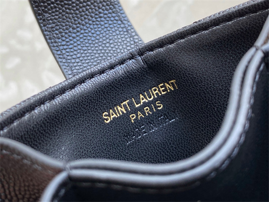 Y.S.L MONOGRAM BUSINESS CARD CASE IN GRAIN DE POUDRE EMBOSSED LEATHER Black Color Gold Tone Metal