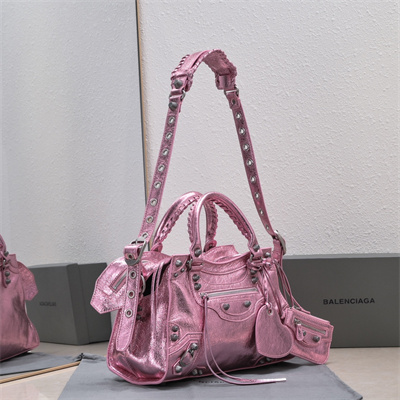 Women’s NEO Cagole City Small Handbag In Metallized Arena Lambskin Pink Color