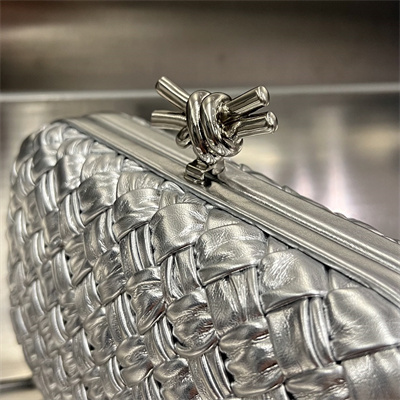 BV Knot Clutch In Calfskin Leather Wrinkled Silver Color