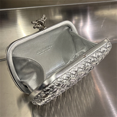 BV Knot Clutch In Calfskin Leather Wrinkled Silver Color