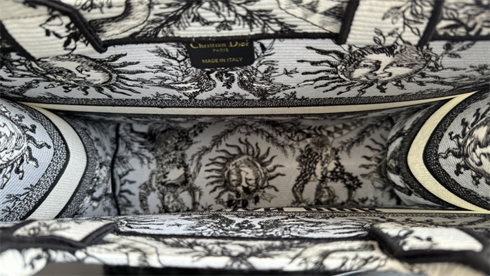 CD Large Book Tote White and Black Toile de Jouy Solei Embroidery