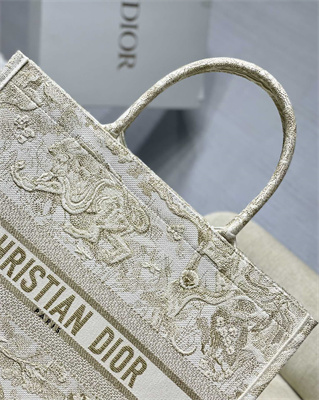 CD Large Book Tote Toile de Jouy Embroidery White and Gold Tone