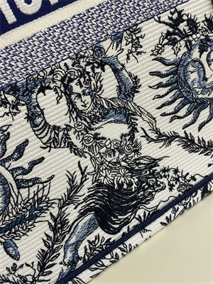 CD Large Book Tote White and Navy Toile de Jouy Solei Embroidery