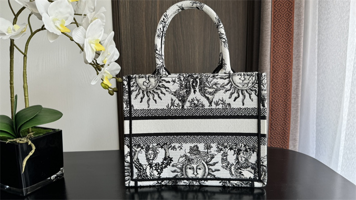 CD Small Book Tote White and Black Toile de Jouy Solei Embroidery