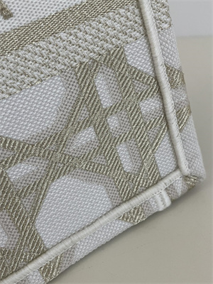 CD Small Book Tote White and Gold Tone Macrocannage Embroidery