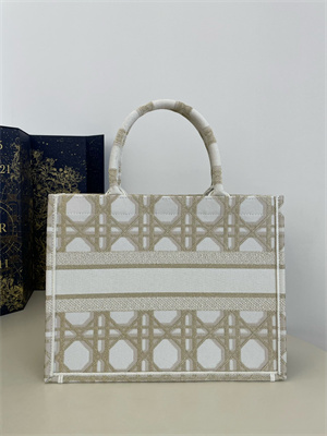 CD Medium Book Tote White and Gold Tone Macrocannage Embroidery