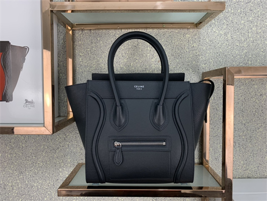 Celine Micro Luggage Bag In Black Drummed Calfskin Silver Tone Metal
