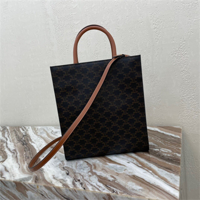 Celine Small Vertical Cabas In Triomphe Canvas And Calfskin With Celine Print Tan