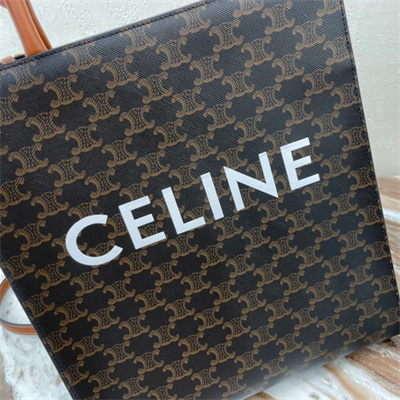 Celine Small Vertical Cabas In Triomphe Canvas And Calfskin With Celine Print Tan