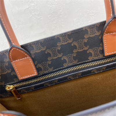 Celine Small Vertical Cabas In Triomphe Canvas And Calfskin With Celine Print Tan