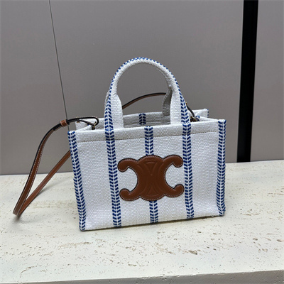 Celine Small Cabas Thais In Striped Textile And Calfskin Blue/White