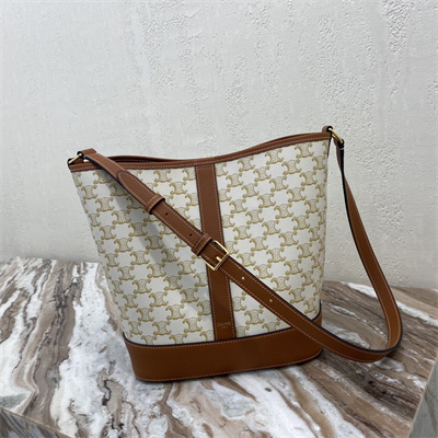 Celine Medium Bucket In Triomphe Canvas And Calfskin White