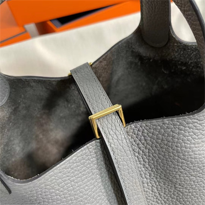 Picotin Lock Bag Togo Leather 18/22CM Gold/Silver Tone Metal In Gris Meyer Color HS