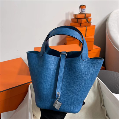 Picotin Lock Bag Togo Leather 18/22CM Gold/Silver Tone Metal In Bleu Zanzibar Color HS