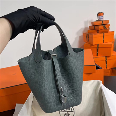 Picotin Lock Bag Togo Leather 18/22CM Gold/Silver Tone Metal In Vert Amande Color HS