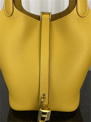 Picotin Lock Bag Taurillon Clemence Leather 18/22CM Gold/Silver Tone Metal In Jaune Amber Color HS