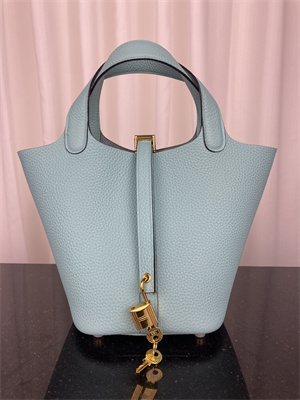 Picotin Lock Bag Taurillon Clemence Leather 18/22CM Gold/Silver Tone Metal In Blue Atoll Color HS
