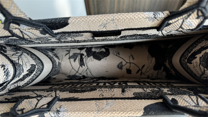 CD Medium Book Tote Beige and Black Fleurs Mystiques Embroidery