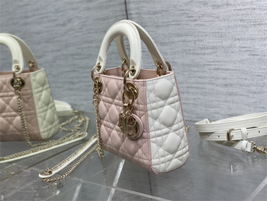 CD Mini Lady Dior Bag Two Tones Cannage Lambskin Gold Tone Metal Pink and Latte