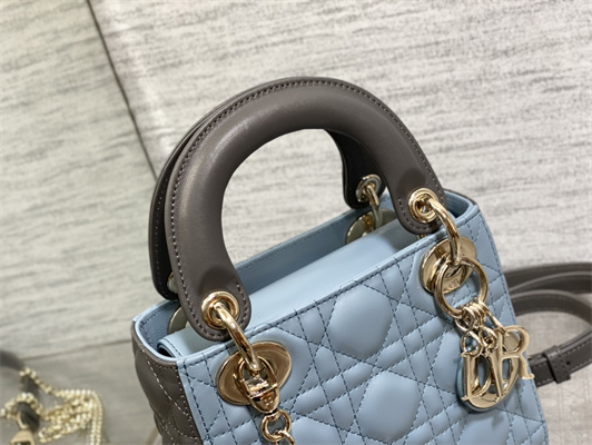 CD Mini Lady Dior Bag Two Tones Cannage Lambskin Gold Tone Metal Blue and Grey