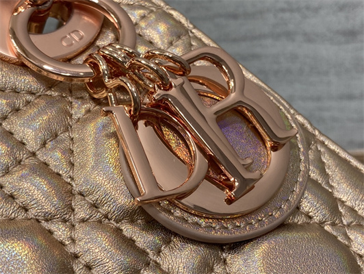 CD Mini Lady Dior Bag Cannage Lambskin Iridescent Metallic Rose Gold Tone