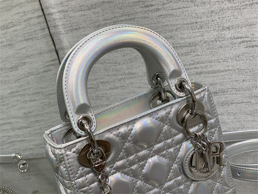 CD Mini Lady Dior Bag Cannage Lambskin Iridescent Metallic Silver Tone