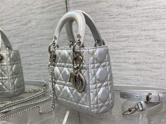 CD Mini Lady Dior Bag Cannage Lambskin Iridescent Metallic Silver Tone