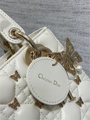 CD Small Lady Di.or Bag Cannage Lambskin With Gold Finish Butterfly Studs White