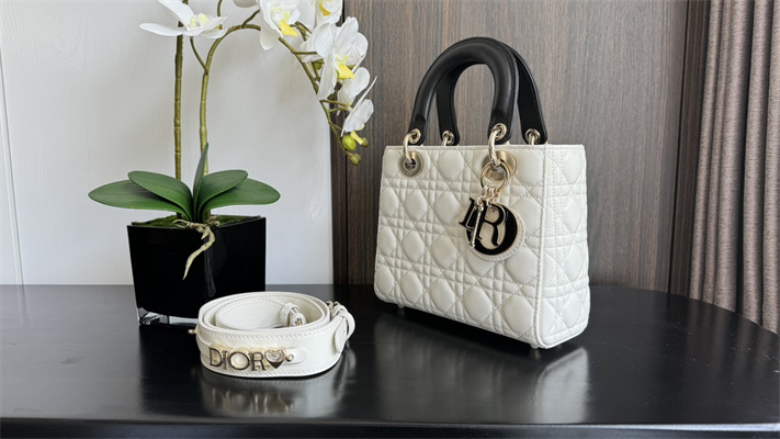 CD Small Lady Di.or My ABCDior Bag Two Tones Cannage Lambskin Gold Tone Metal Latte and Black