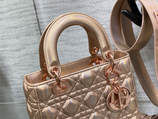 CD Small Lady Di.or My ABCDior Bag Cannage Lambskin Iridescent Metallic Rose Gold Tone