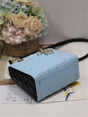 CD Medium Lady Di.or Bag Two Tones Cannage Lambskin Gold Tone Metal Blue and Black