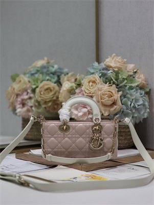 CD Small Lady D-Joy Bag Two Tones Cannage Lambskin Gold Tone Metal Pink and Latte