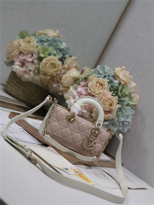 CD Small Lady D-Joy Bag Two Tones Cannage Lambskin Gold Tone Metal Pink and Latte