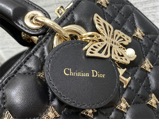 CD Medium Lady D-Joy Bag Cannage Lambskin With Golden Butterfly Gold Tone Metal Black