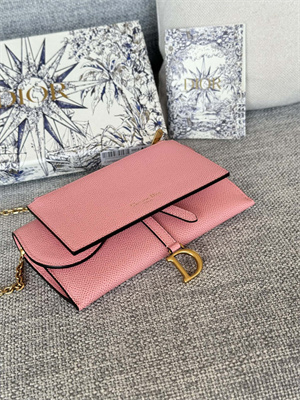 CD Long Saddle Wallet With Chain Grained Calfskin Pink