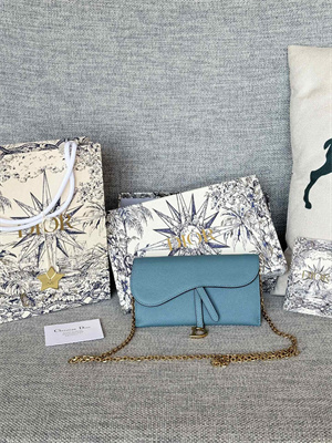 CD Long Saddle Wallet With Chain Grained Calfskin Blue