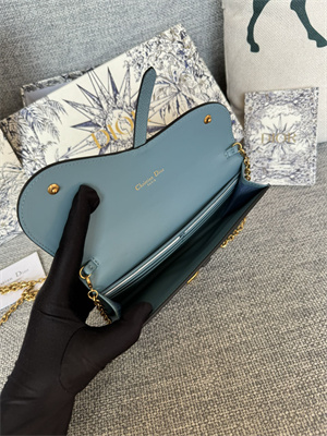 CD Long Saddle Wallet With Chain Grained Calfskin Blue