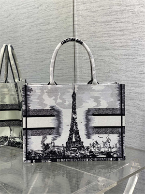 CD Medium Book Tote White and Black Paris Embroidery