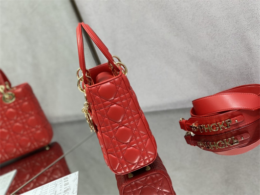 CD Small Lady Di.or My ABCDior Bag Cannage Lambskin Gold Tone Metal Red