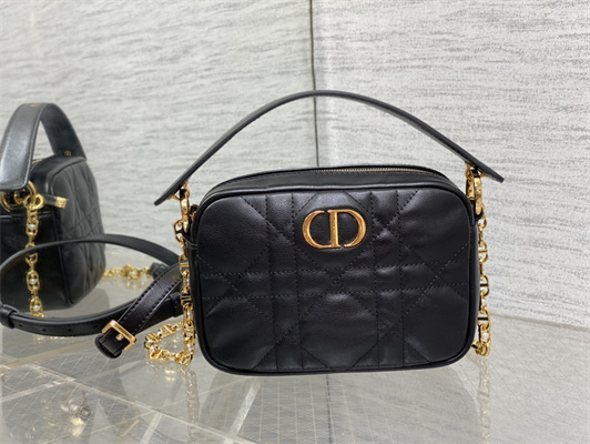 CD Small Dior Caro Top Handle Camera Bag Macrocannage Calfskin Black