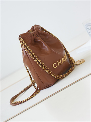 Cha.nel 22 Mini Handbag Shiny Calfskin Gold Tone Metal Tan AS3980
