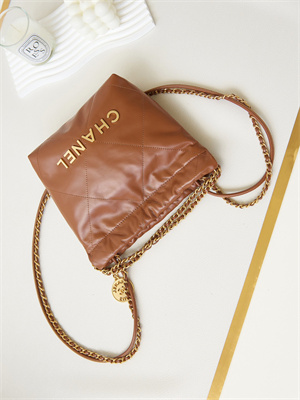 Cha.nel 22 Mini Handbag Shiny Calfskin Gold Tone Metal Tan AS3980