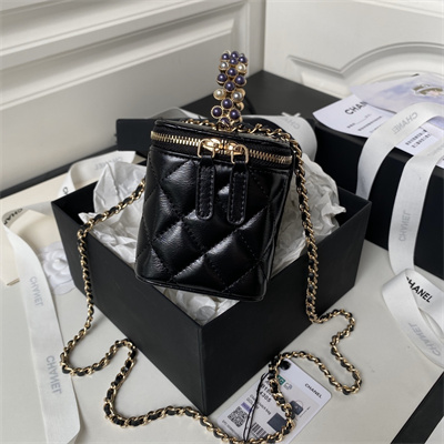Cha.nel Vanity Case Top Handle With Chain Shiny Crumpled Lambskin, Imitation Pearls & Gold-Tone Metal Black AP3804