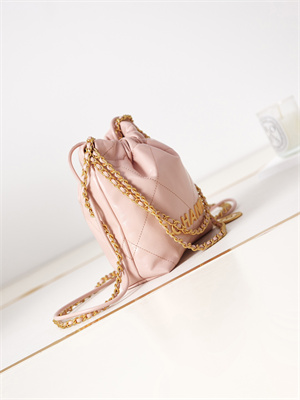 Cha.nel 22 Mini Handbag Shiny Calfskin Gold Tone Metal Lt Pink AS3980