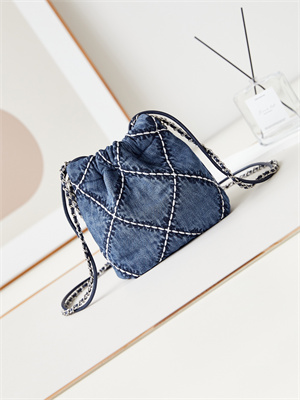 Cha.nel 22 Mini Handbag Stitched Denim Silver Tone Metal Blue AS3980