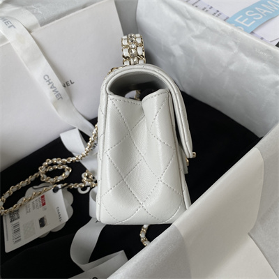 Cha.nel Mini Flap Bag With Diamond Top Handle Lambskin Gold Tone Metal White AS4140