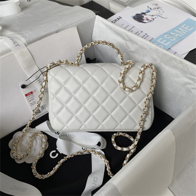 Cha.nel Mini Flap Bag With Diamond Top Handle Lambskin Gold Tone Metal White AS4140